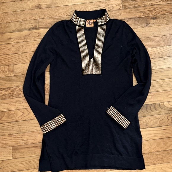 TORY BURCH sz S 100% navy wool FLAWS w/ gold bead adornments - damaged condition - Picture 3 of 8